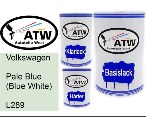 Volkswagen, Pale Blue (Blue White), L289: 500ml Lackdose + 500ml Klarlack + 250ml Härter - Set, von ATW Autoteile West.